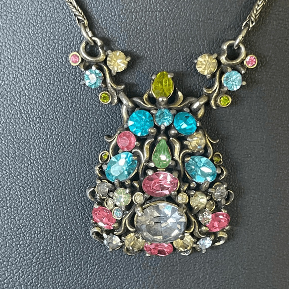 Vtg Hollycraft 1950 Fruit Salad Necklace Signed Uranium Glass Rhinestones AS IS - Picture 6 of 11